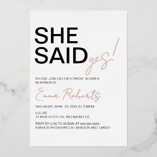 Ze zei ja, minimalistisch Vrijgezellenfeest Folie Uitnodiging (Voorkant)