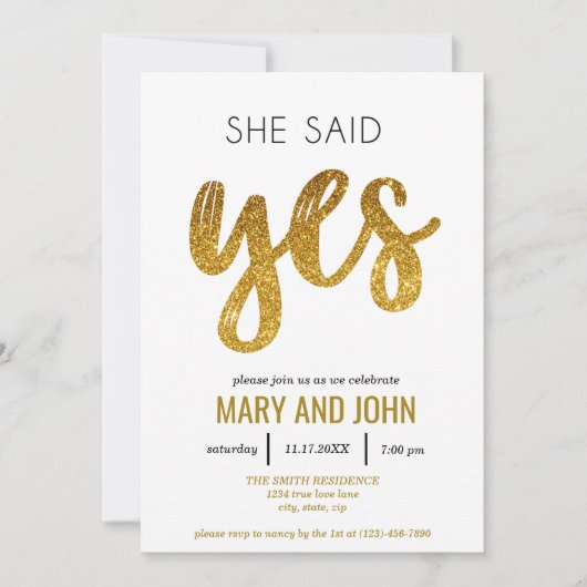 Ze zei ja Modern Gold Glitter Engagement Party Kaart (Voorkant)