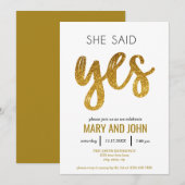 Ze zei ja Modern Gold Glitter Engagement Party Kaart (Voorkant / Achterkant)