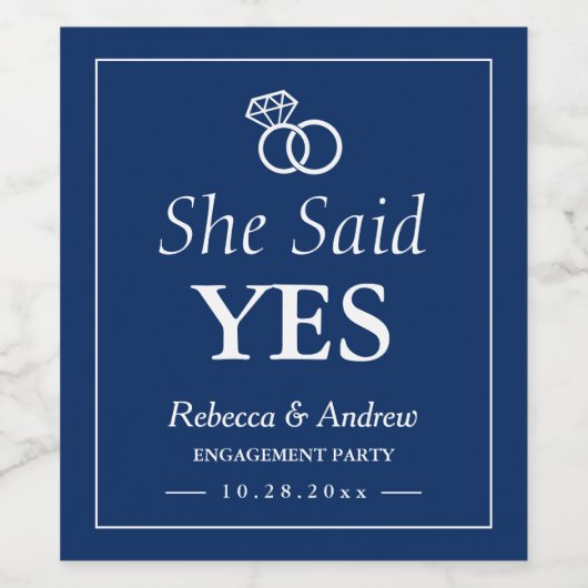 Ze zei ja | Navy Blue Ring Verlovingsfeest Wijn Etiket (Enkel label)