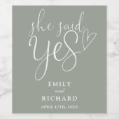 Ze zei ja tegen verlovingsfeest Sage Green Wijn Etiket (Enkel label)