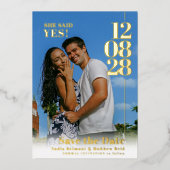 Ze zei ja trouwdatum verloving foto's folie uitnodiging (Voorkant)