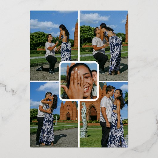 Ze zei ja trouwdatum verloving foto's folie uitnodiging (Achterkant)