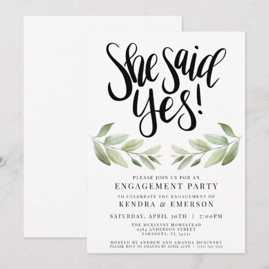 Ze zei ja Uitnodiging van de Engagement Party (Voorkant / Achterkant)
