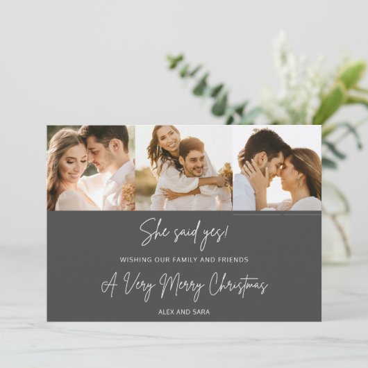 Ze zei ja Verloving 3 foto kerst Feestdagenkaart (Staand voorkant)