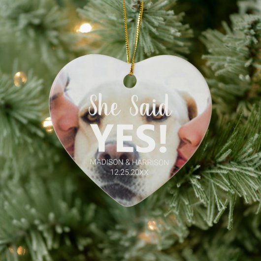 Ze zei ja Verloving kerst met aangepaste foto's Keramisch Ornament (Boom)