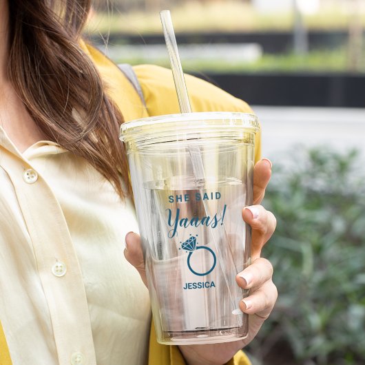 Ze zei ja verlovingsfeest blauwe kleur acryl drinkbeker