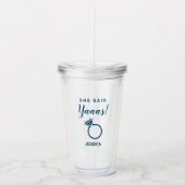 Ze zei ja verlovingsfeest blauwe kleur acryl drinkbeker (Voorkant)