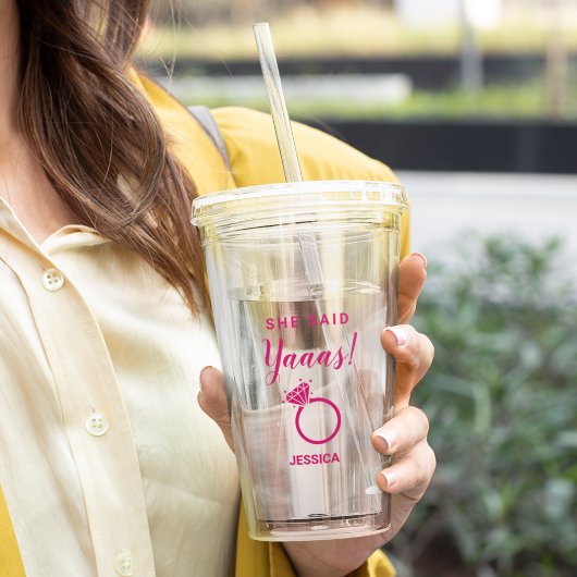 Ze zei ja verlovingsfeest roze kleur acryl drinkbeker