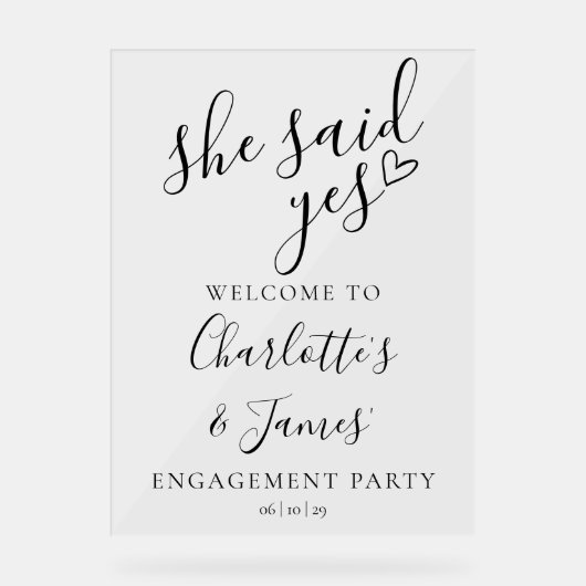 Ze zei ja Verlovingsfeest welkom Acryl Bord (Voorkant)