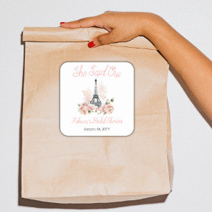 Ze zei Oui Parijse roze bloemige Vrijgezellenfeest Vierkante Sticker