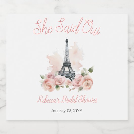 Ze zei oui Parisian Roze Bloemige Bruiloft Feest Sparkling Wijnetiket (Enkel label)