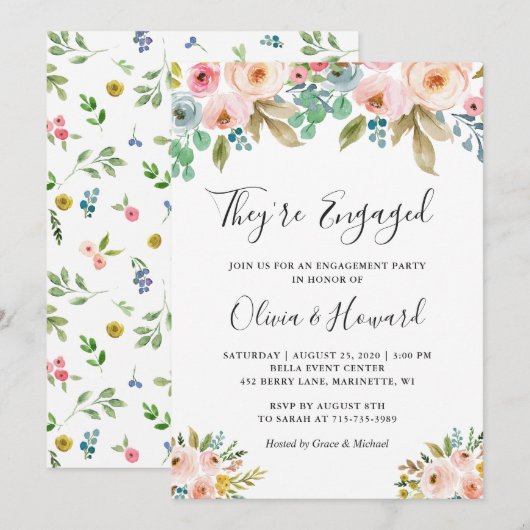 Ze zijn een Waterverf Floral Engagement Party Kaart (Voorkant / Achterkant)