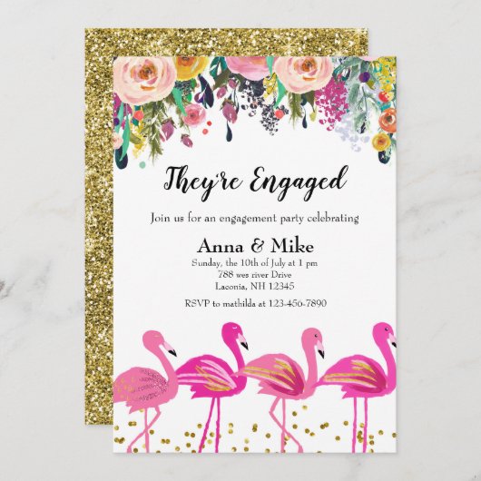 Ze zijn verloofd met Flamingo Party Invitation Kaart (Voorkant / Achterkant)