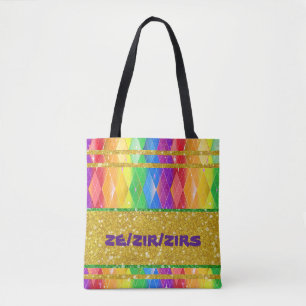 ze zir zirs pronoun glitter regenboogpride argyle tote bag