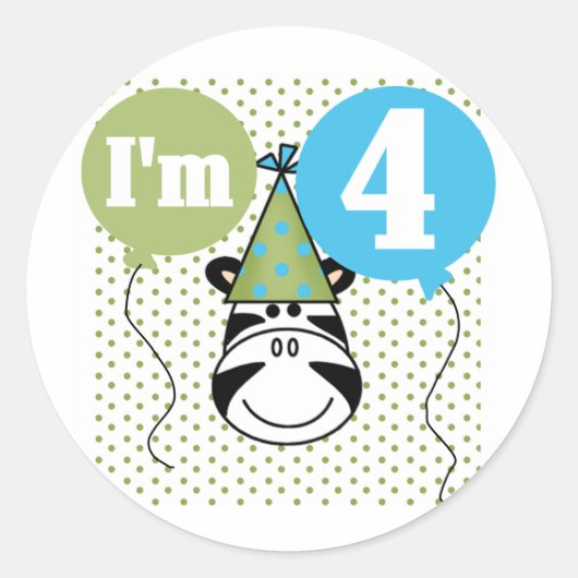 Zebra 4e verjaardag T-shirts en geschenken Ronde Sticker (Voorkant)