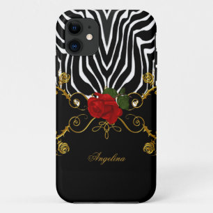Zebra Abstracte Rozen Rood Zwart Wit Goud iPhone 11 Hoesje