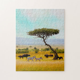 Zebra Afrikaanse Savanne Dieren Reizen Buiten Legpuzzel