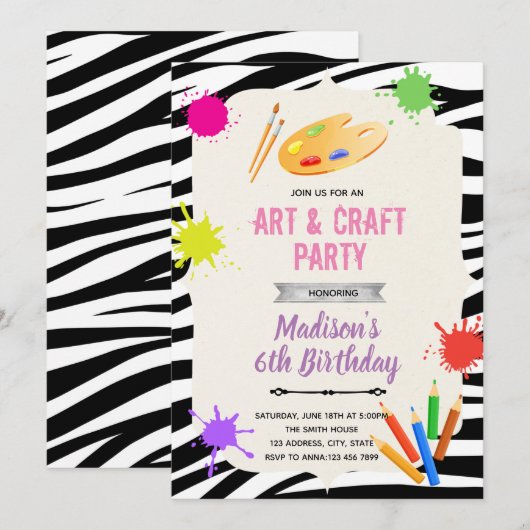 Zebra art party Invitation Kaart (Voorkant / Achterkant)