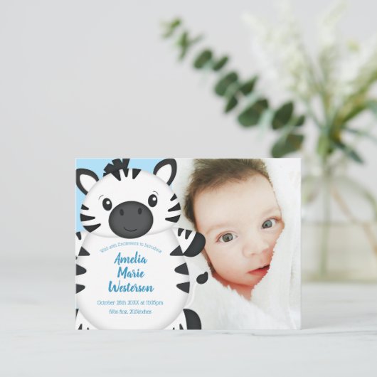 Zebra Baby shower blauw Briefkaart (Staand voorkant)