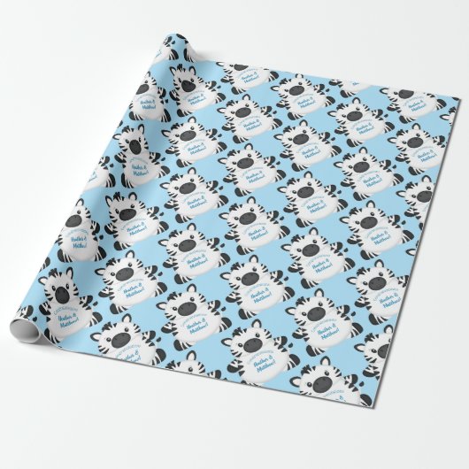 Zebra Baby shower blauw Cadeaupapier (Uitgerold)