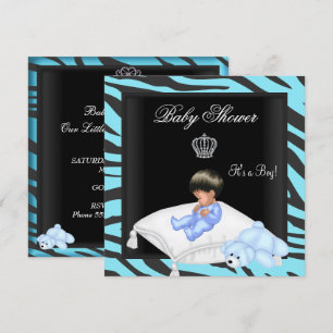 Zebra Baby Shower Jongen Blauw Zwart Kroon Prins Kaart