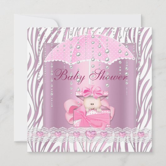 Zebra Baby shower Meisje Baby Roze Umbrella White Kaart (Voorkant)