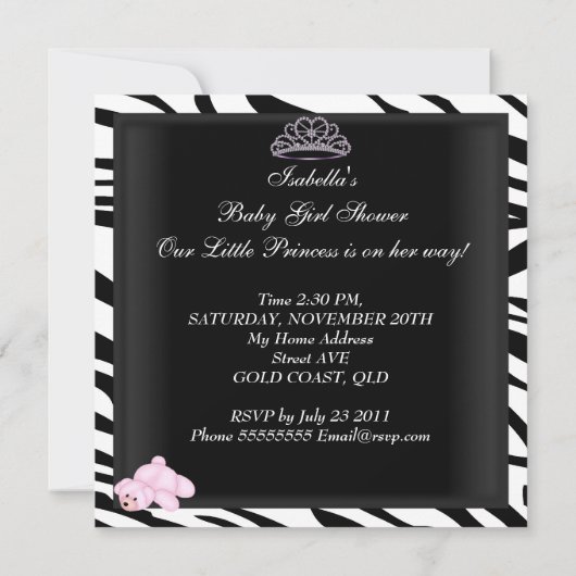 Zebra Baby shower Meisroze zwarte prinses Kaart (Achterkant)