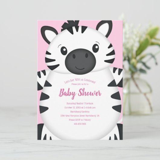 Zebra Baby Shower Roze Kaart (Staand voorkant)