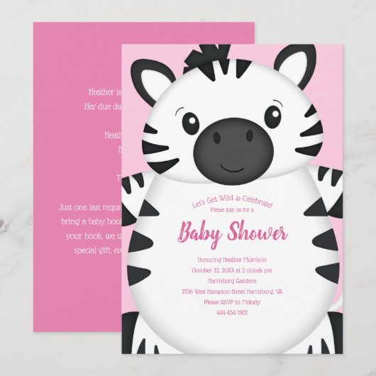 Zebra Baby Shower Roze Kaart (Voorkant / Achterkant)