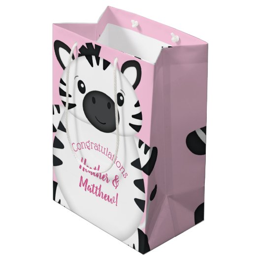 Zebra Baby shower Roze Medium Cadeauzakje (Achterkant Gekanteld)