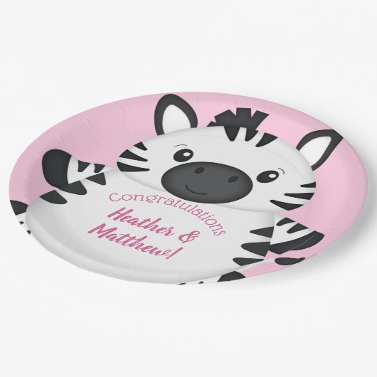 Zebra Baby shower Roze Papieren Bordje (Gekanteld)