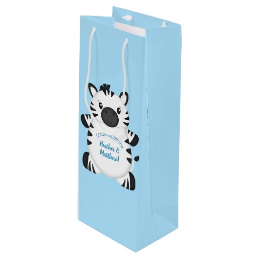 Zebra Baby shower Safari Blue Boy Wijn Cadeautas (Voorkant Gekanteld)