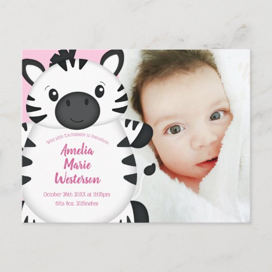 Zebra Baby shower Safari Pink Girl Briefkaart (Voorkant)