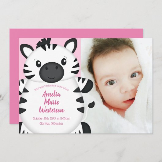 Zebra Baby shower Safari Pink Girl Kaart (Voorkant / Achterkant)