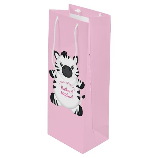 Zebra Baby shower Safari Pink Girl Wijn Cadeautas (Voorkant Gekanteld)