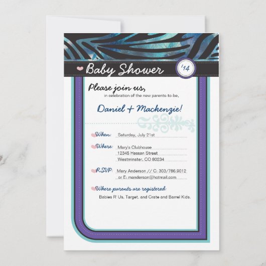 Zebra Baby shower Uitnodiging (Achterkant)