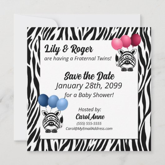 Zebra Baby shower voor frontale tweelingen Save The Date (Achterkant)