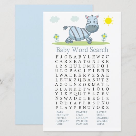 Zebra Baby shower Word Search Game (Voorkant / Achterkant)