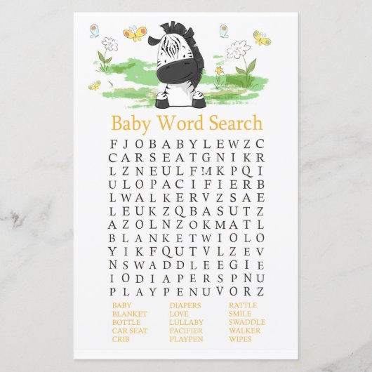 Zebra Baby shower Word Search Game (Voorkant)