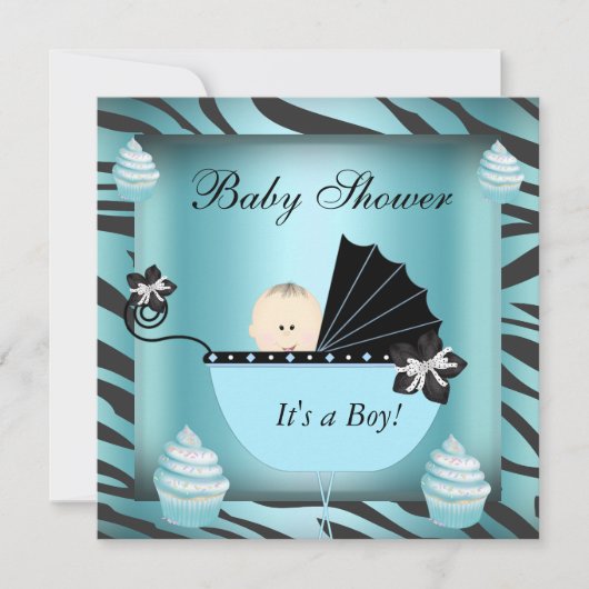 Zebra babyshower baby jongen turquoise cupcake kaart (Voorkant)