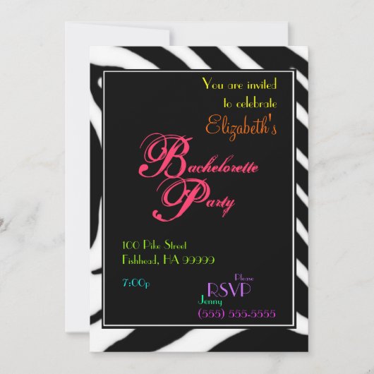Zebra Bachelorette Party Colour Invitation Kaart (Voorkant)