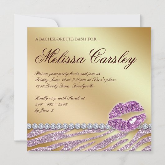 Zebra Bachelorette Party nodigt roze Gold Makeup u Kaart (Achterkant)