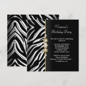 Zebra Birthday Party Gold Black White Floral Kaart (Voorkant / Achterkant)