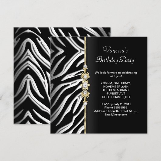 Zebra Birthday Party Gold Black White Floral Kaart (Voorkant / Achterkant)