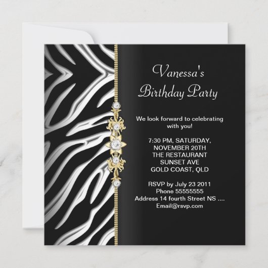 Zebra Birthday Party Gold Black White Floral Kaart (Voorkant)