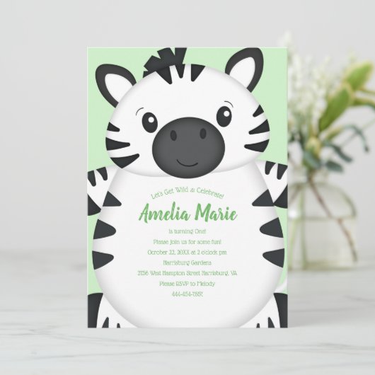 Zebra Birthday Party Green Kaart (Staand voorkant)