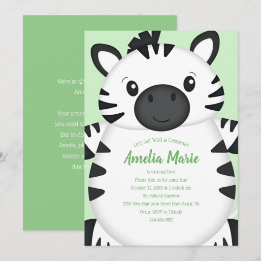 Zebra Birthday Party Green Kaart (Voorkant / Achterkant)