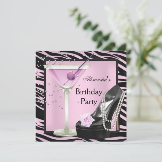 Zebra Birthday Party roze Black Shoes Kaart (Staand voorkant)