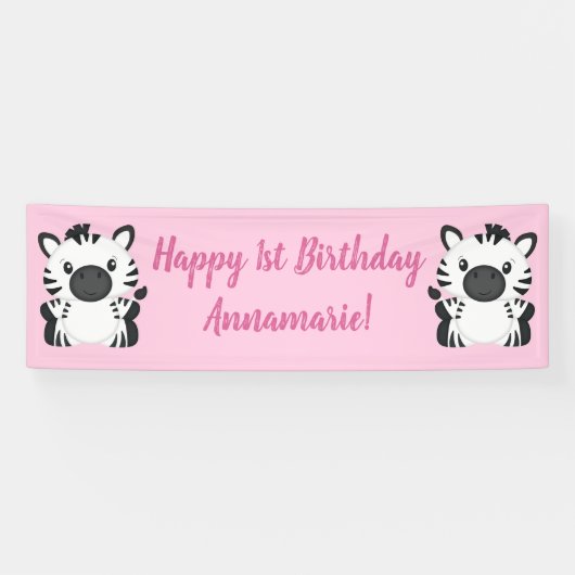 Zebra Birthday Party roze Spandoek (Horizontaal)